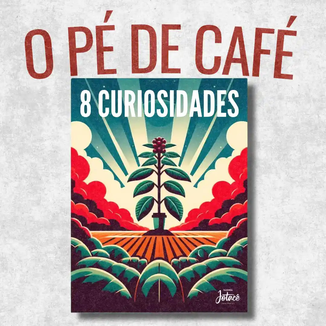  Design colorido destacando uma plantação de café crescendo sob um céu azul, com nuvens brancas, cercada por plantas e arbustos, simbolizando a origem e o desenvolvimento do café.