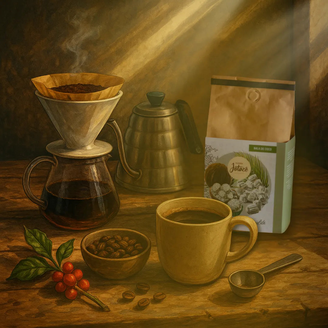 Ilustração com coador V60, pacote de café da Fazenda Jotacê e luz incidindo sobre a xícara, simbolizando a busca pela medida ideal de preparo.