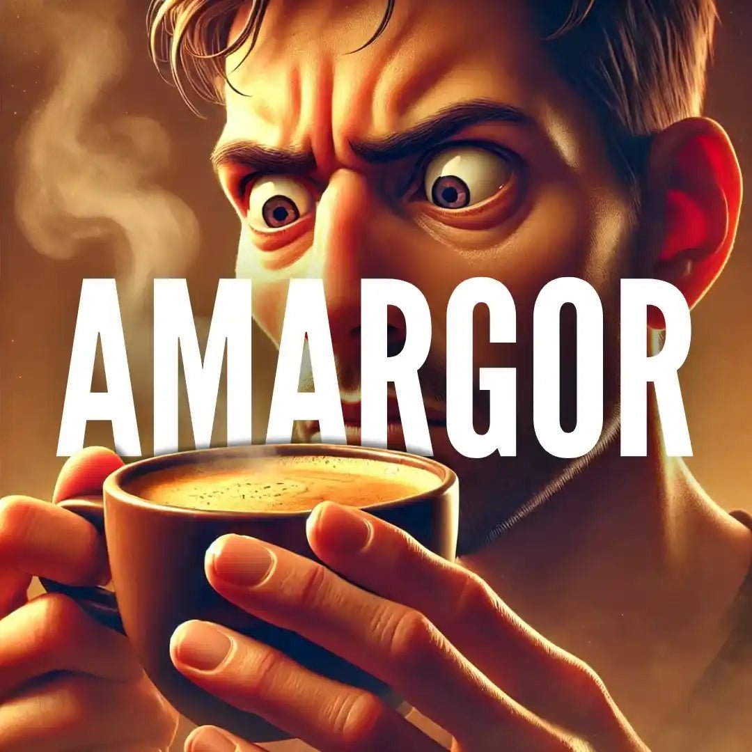 Imagem com um homem fazendo uma expressão de choque ao provar um café amargo, com a palavra "AMARGOR" em destaque. Ilustra a polarização de opiniões sobre o café amargo e sua intensidade sensorial.