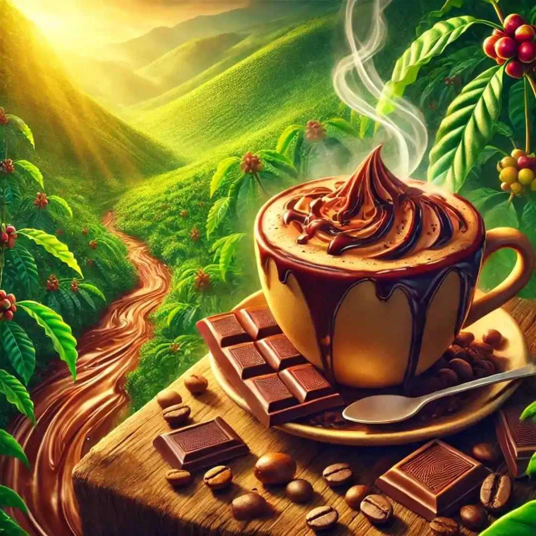 Cena deslumbrante de uma xícara de café com chocolate derretido, cercada por plantações de café ao pôr do sol