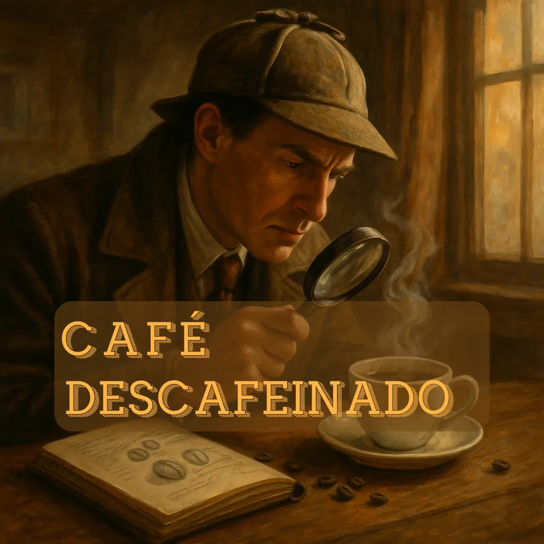 Detetive analisando uma xícara de café fumegante com lupa, ilustrando a diferença entre café descafeinado e café comum.