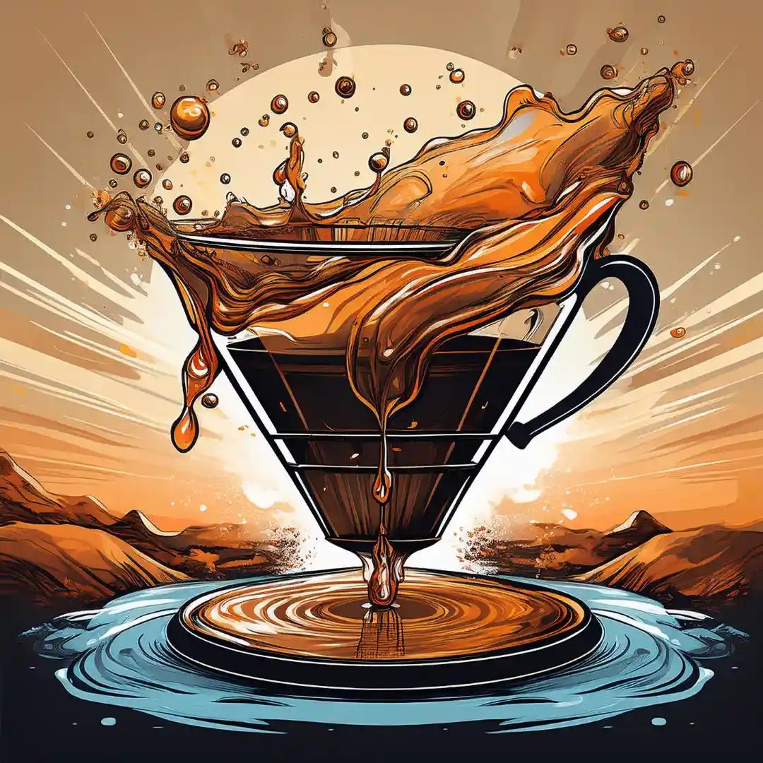 Café sendo coado em filtro, com efeito visual dramático, ilustrando o impacto visual e sensorial da acidez no café.