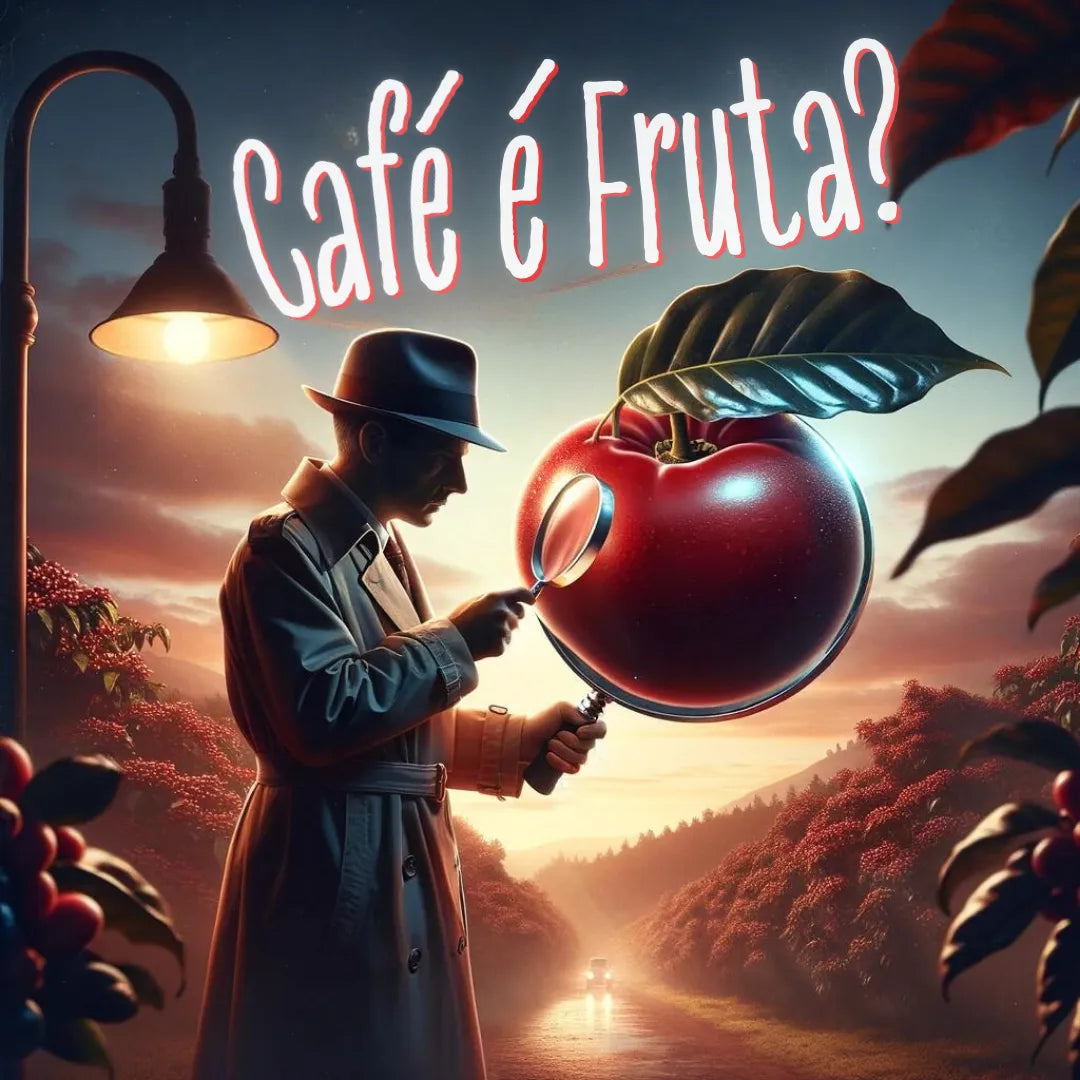 Detetive inspecionando café cereja com lupa questionando 'Café é Fruta?'.