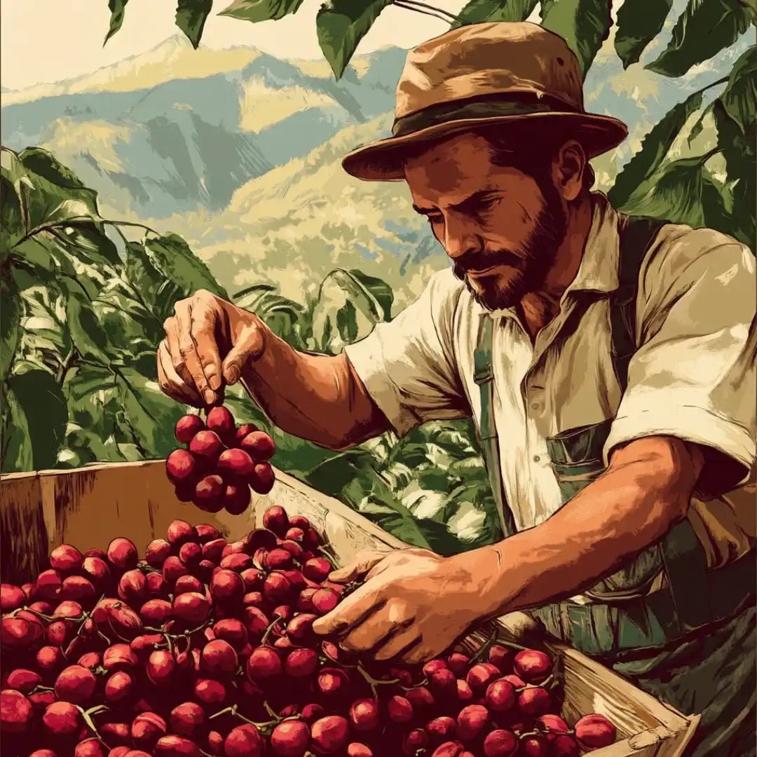 Colheita de cerejas de café maduras em um cafezal, representando a origem frutada do café.