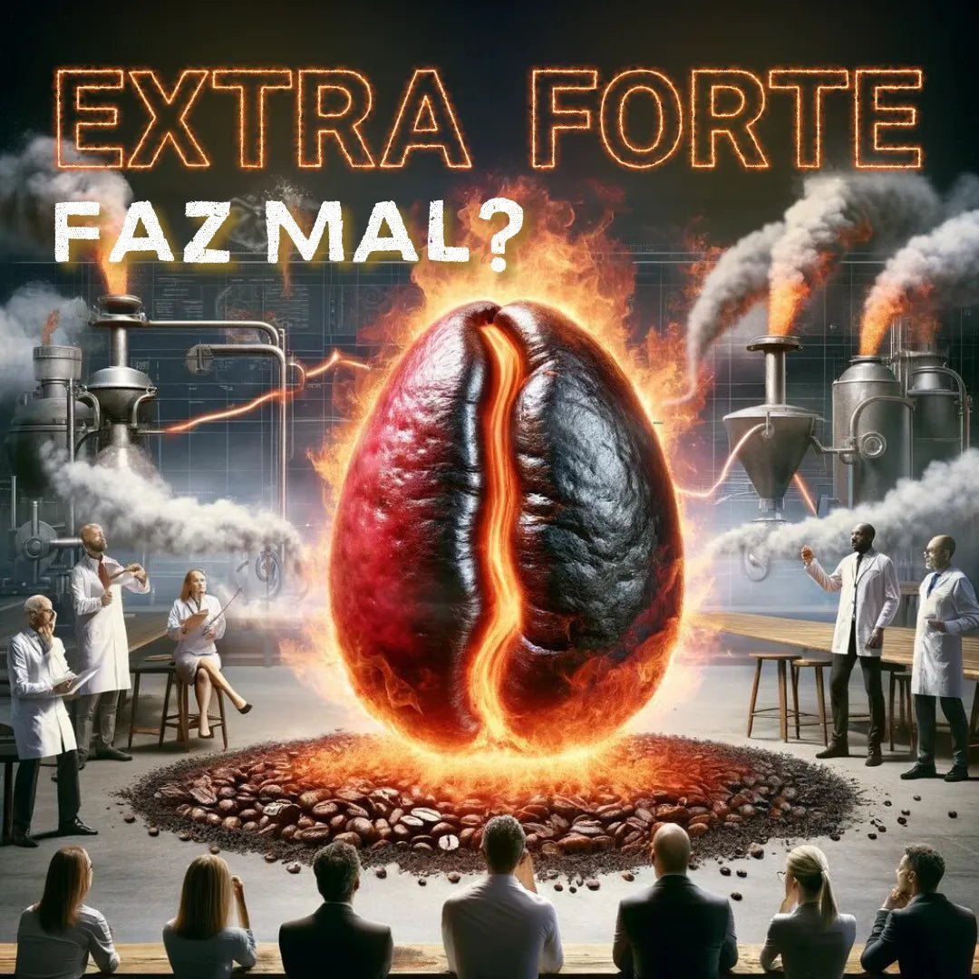 Cientistas e plateia observam grão de café extra forte gigante ardente.