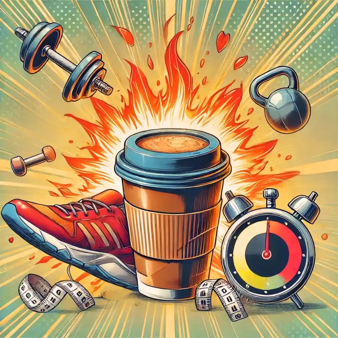 Café e acessórios de academia representando o café pré-treino como aliado na malhação e desempenho físico.