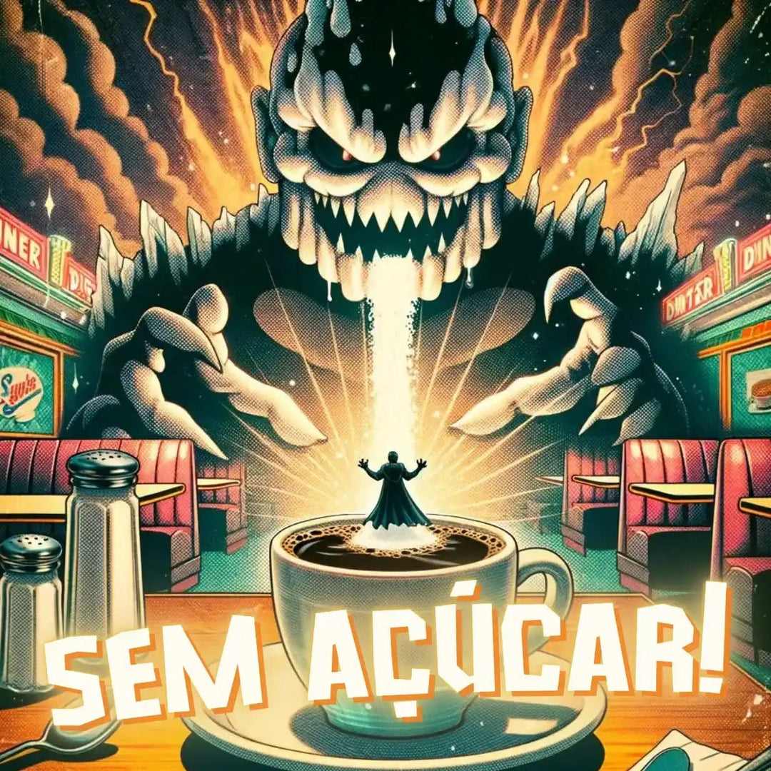 Cena de cafeteria retro com xícara de café e monstro de açúcar saindo dela, e a frase 'Sem Açúcar!'