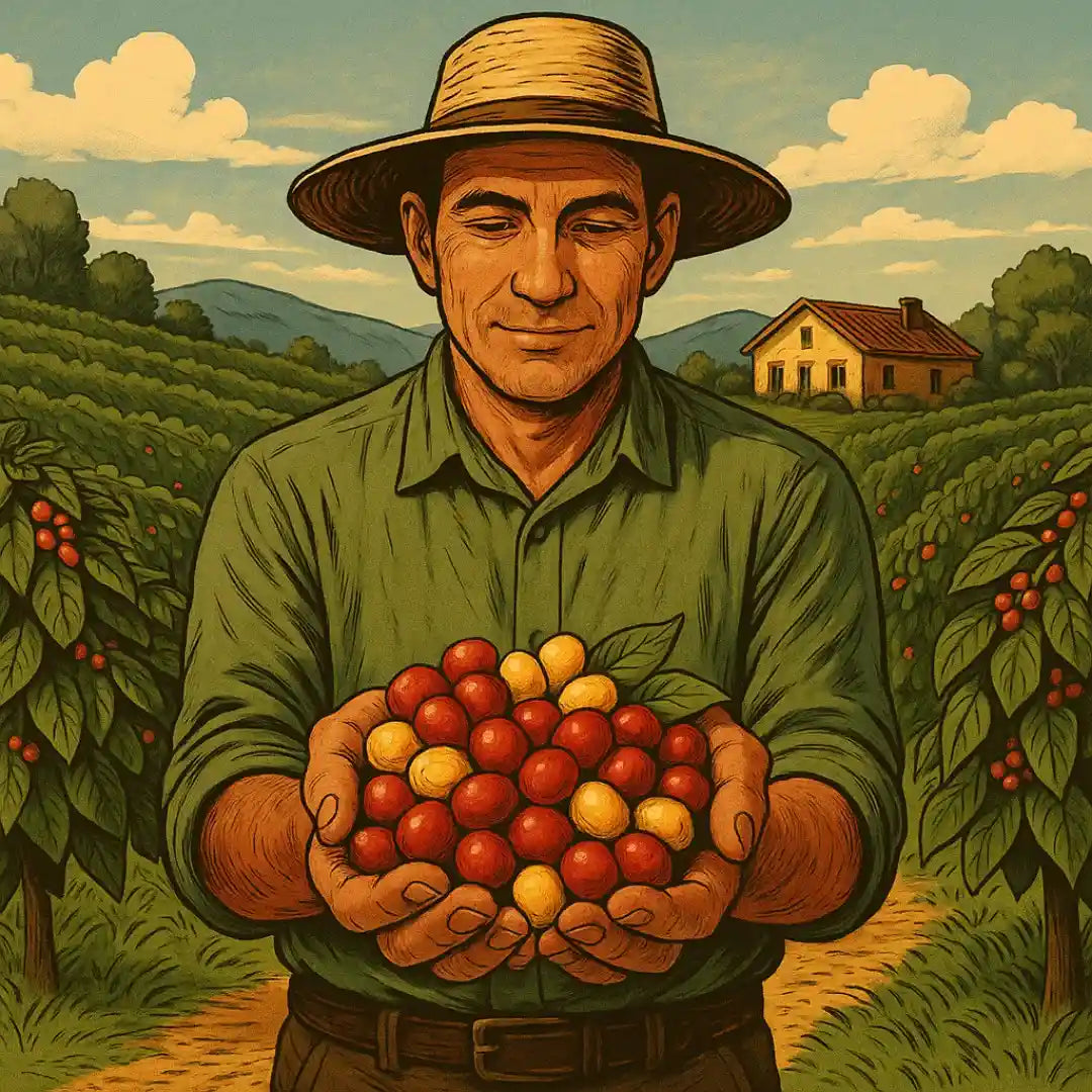 Produtor com grãos maduros de café em sua mão, rmostrando os beneficios da produção sustentável