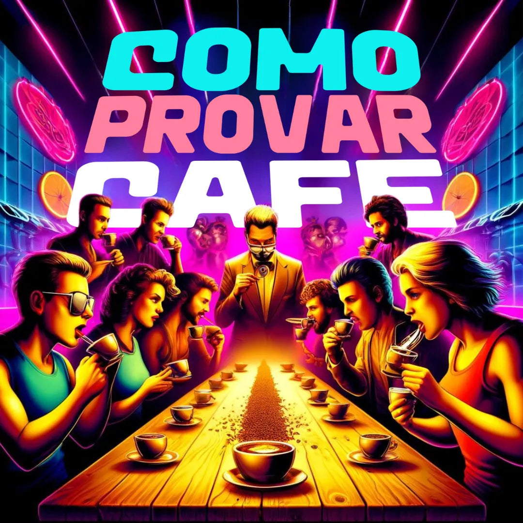Pessoas reunidas ao redor de uma mesa provando café, iluminadas por luzes neon com o texto 'Como Provar Café'.