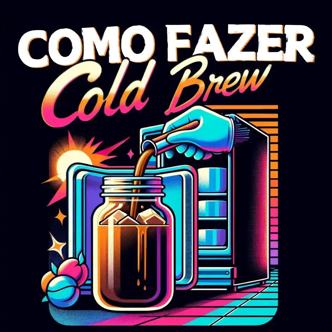 Guia visual de como fazer cold brew em casa, destacando ingredientes e utensílios.