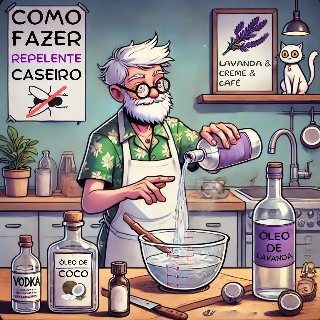 Senhor de avental misturando ingredientes como óleo de lavanda e café para criar um repelente caseiro natural e eficaz, sem químicos agressivos.