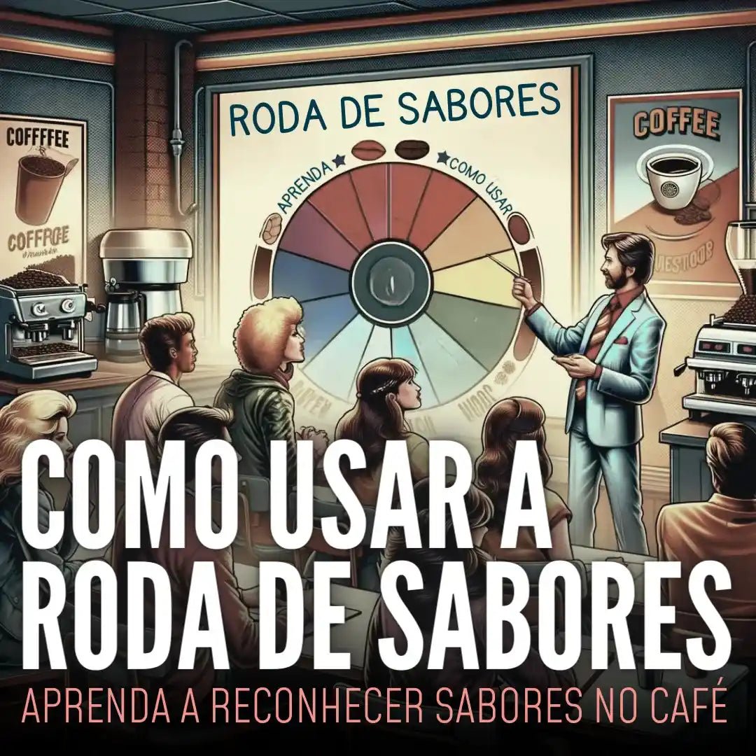 Aula sobre a roda de sabores do café em uma cafeteria dos anos 80.