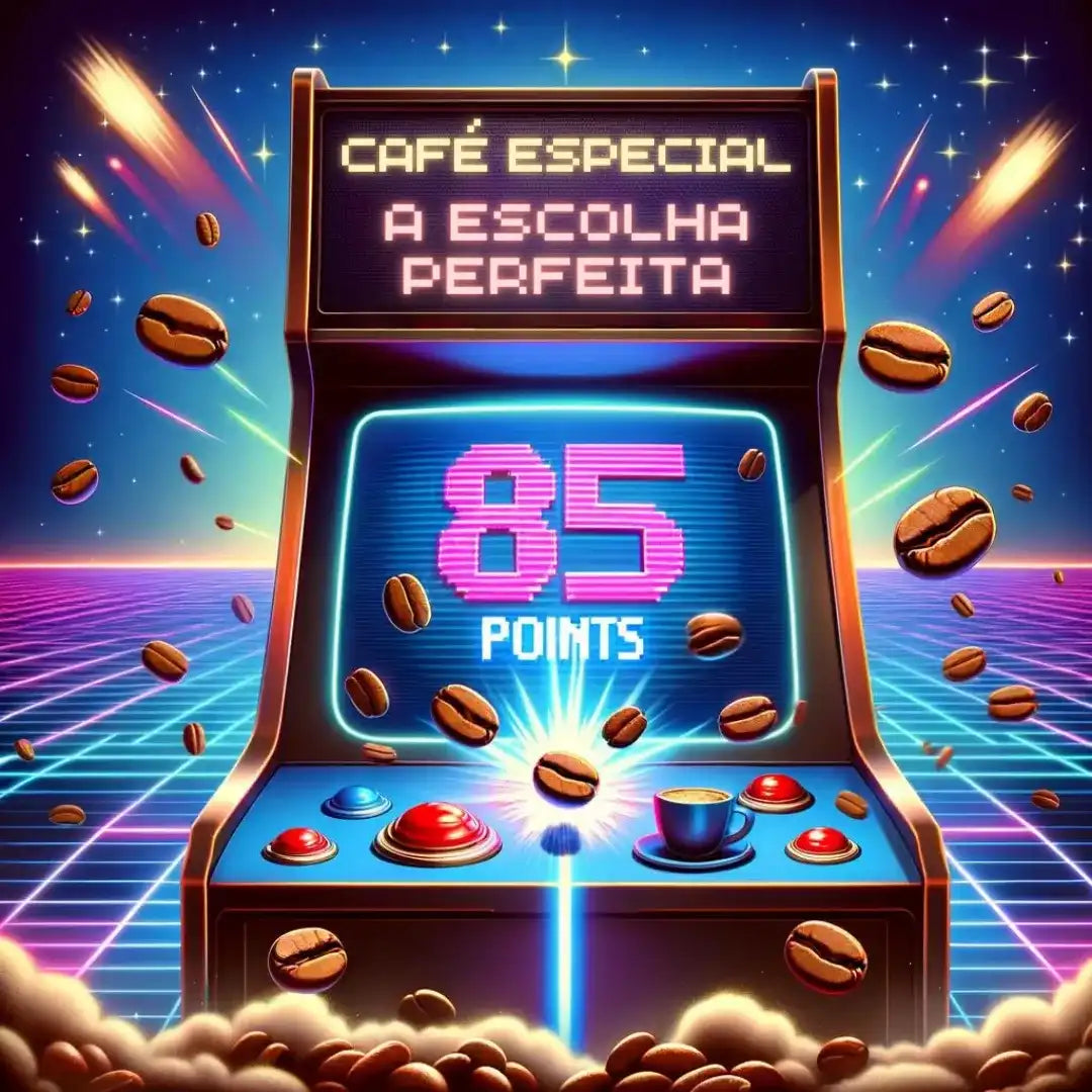 Máquina arcade de café com grãos voando e a pontuação '85 Points', 'Café Especial a Escolha Perfeita'