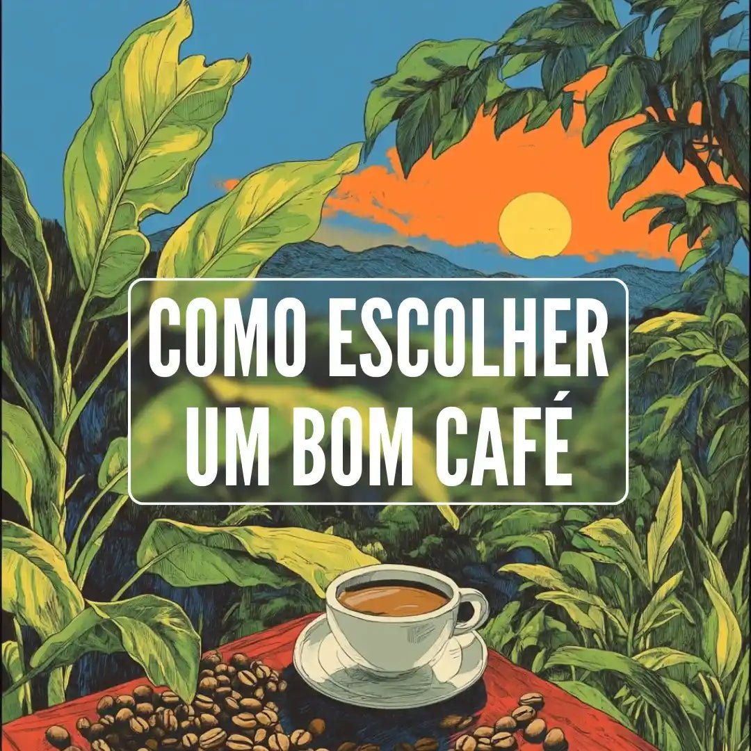 Ilustração em estilo graphic novel mostrando uma xícara de café cercada por folhas verdes e grãos frescos, representando o guia definitivo para escolher cafés especiais.