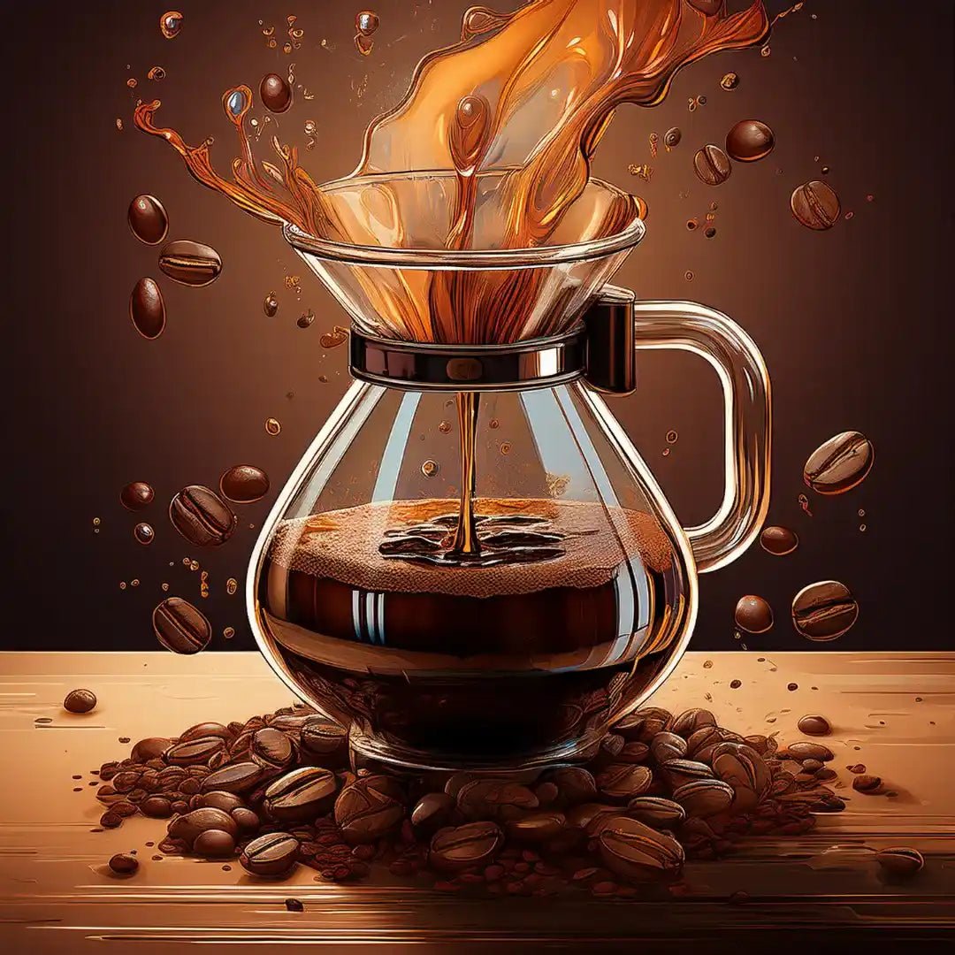 Ilustração de um café sendo coado, com grãos e gotas de café em destaque, representando a arte de fazer um café coado de qualidade.