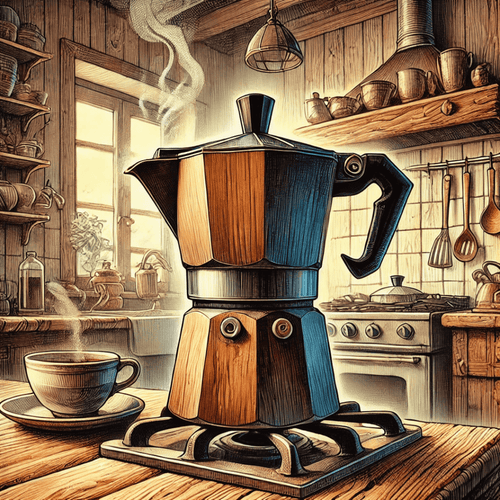 "Cafeteira Italiana no fogão em uma cozinha rústica, preparando um delicioso café expresso.