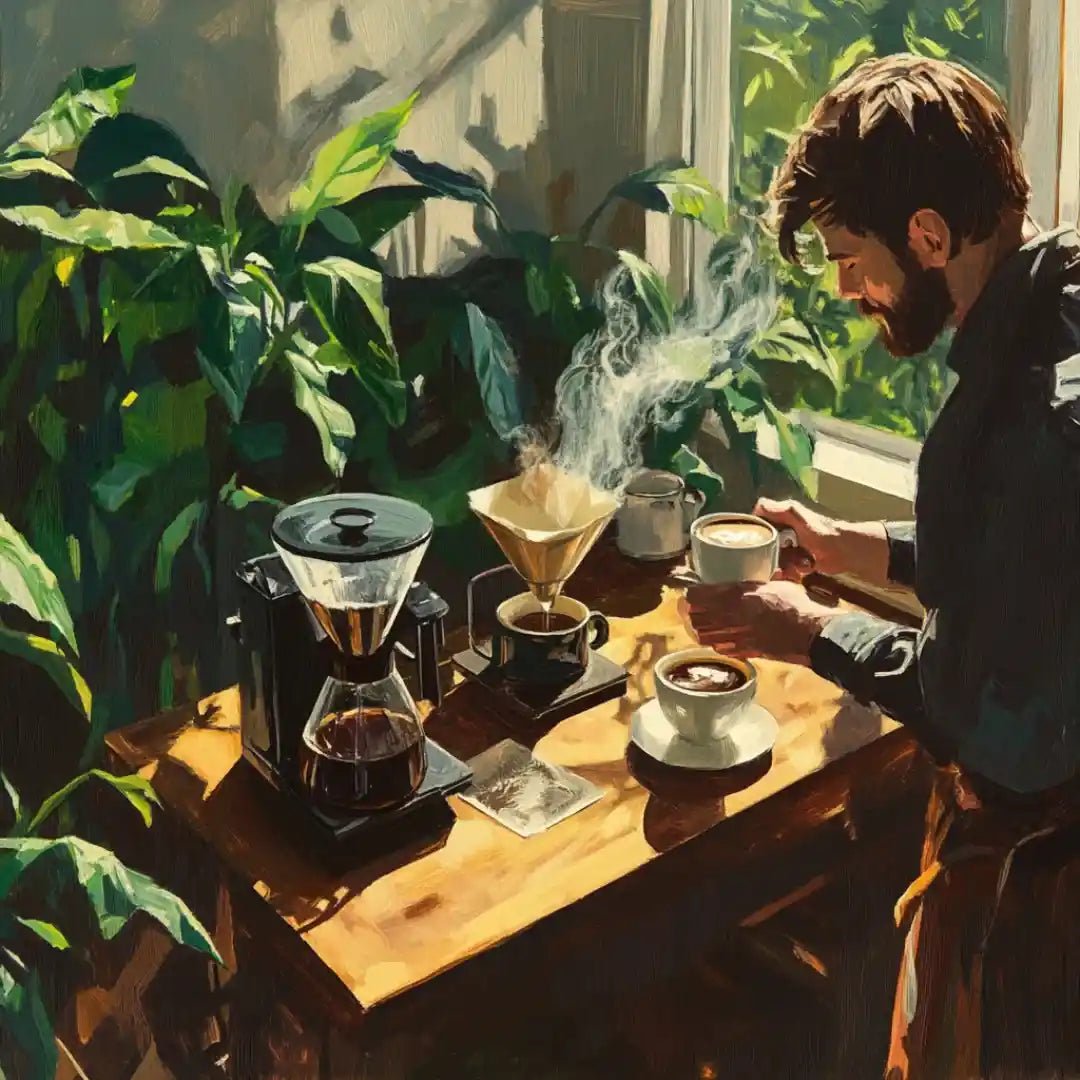"Pessoa preparando café em um cantinho aconchegante com luz natural, plantas verdes, método filtrado e vapor subindo da xícara, destacando o prazer de criar um cantinho do café em casa.