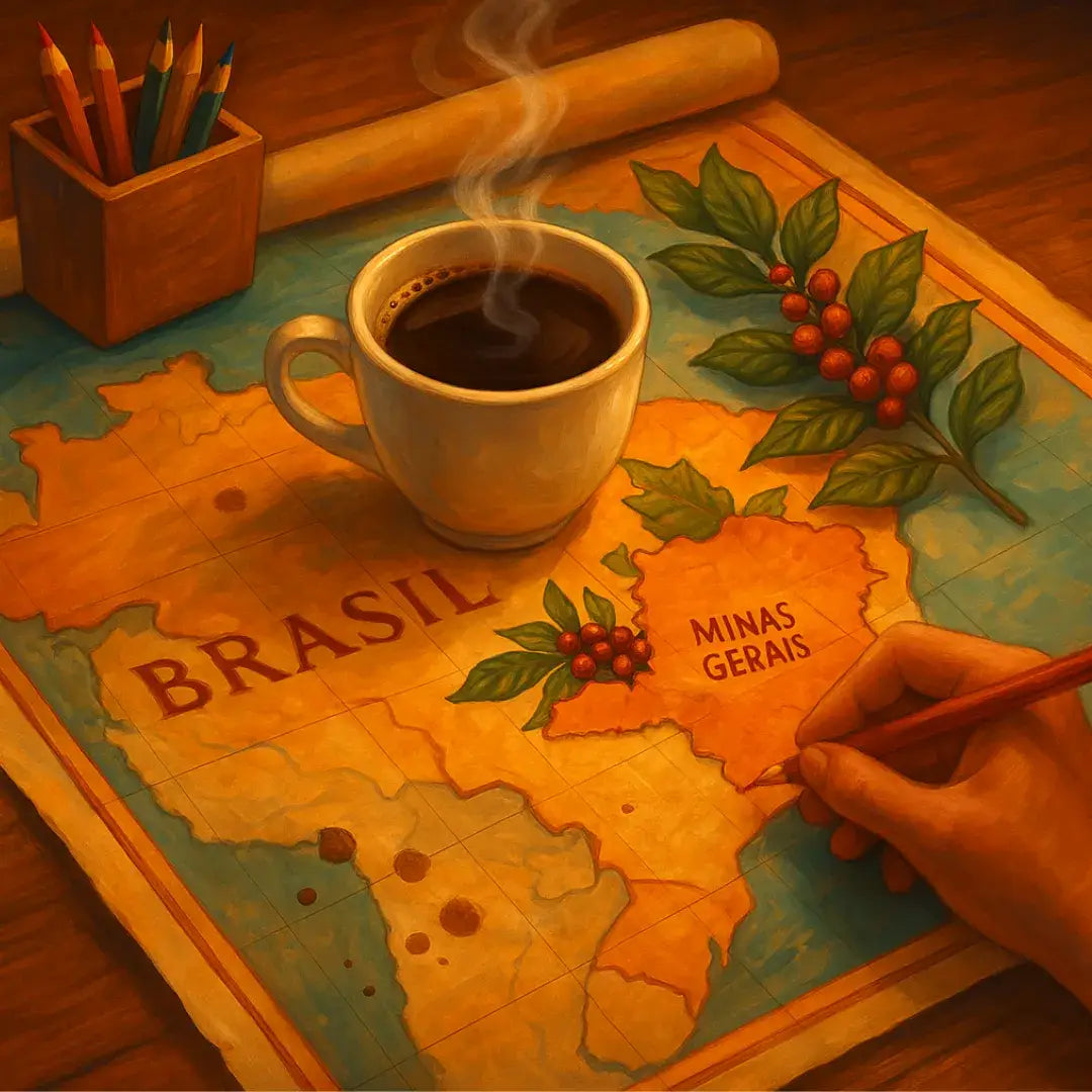 Mapa ilustrado do Brasil com destaque para Minas Gerais, uma xícara de café fumegante e ramos de café, representando as principais regiões produtoras do estado.
