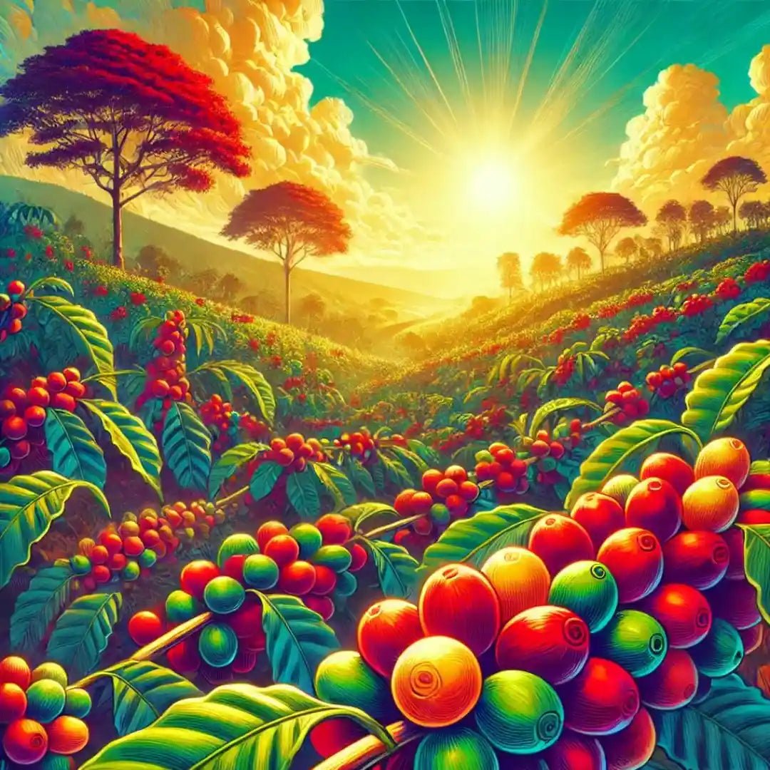 Plantações de café ao amanhecer, com grãos maduros prontos para a colheita, representando o compromisso da Fazenda Jotacê com a produção sustentável de cafés de alta qualidade.