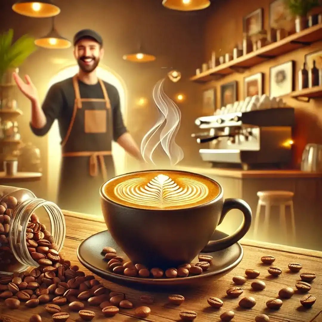 Cappuccino com latte art perfeito em destaque, com um barista ao fundo em uma cafeteria aconchegante, celebrando a arte do café especial.