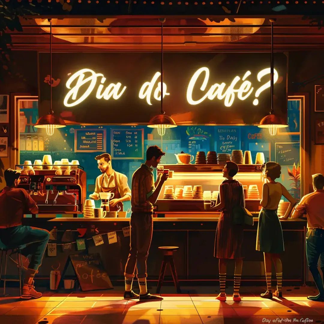 Cafeteria aconchegante com neon 'Dia do Café?' e clientes desfrutando de suas bebidas.