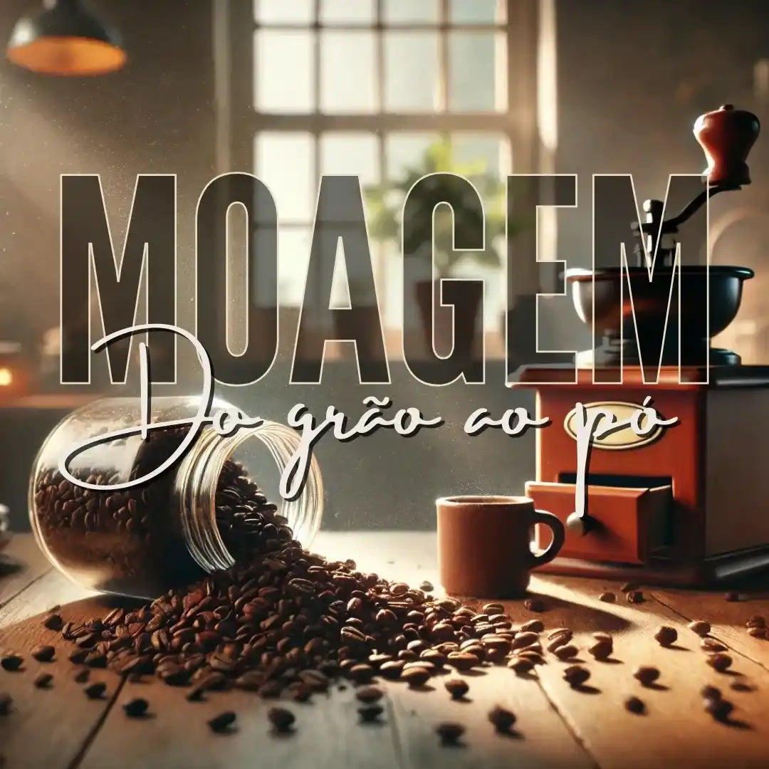 Grãos de café espalhados na mesa ao lado de moedor manual e xícara, representando o processo de moagem do grão ao pó.