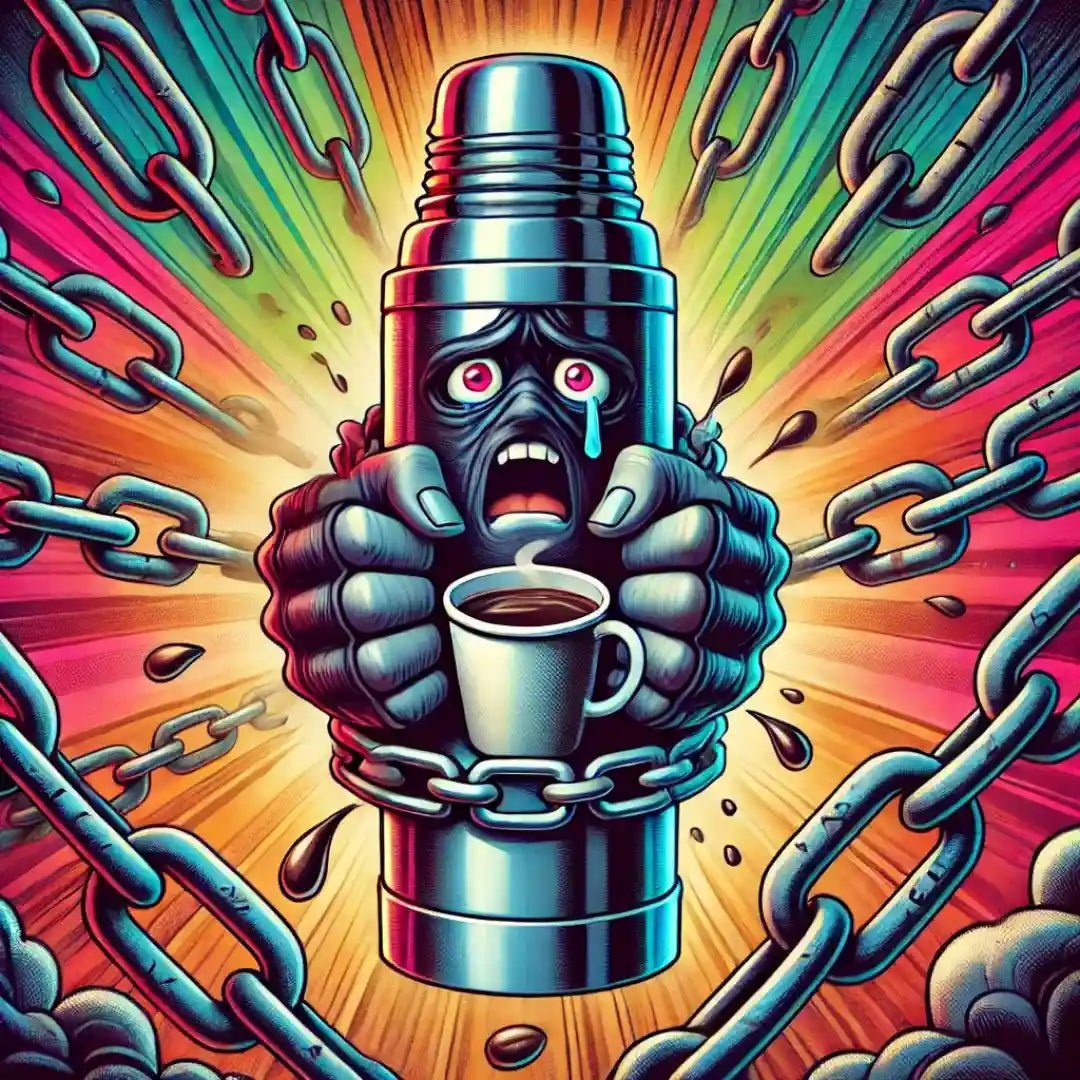 Garrafa térmica acorrentada com expressão triste segurando uma xícara de café, ilustrando os efeitos negativos de guardar café por muito tempo na garrafa térmica.