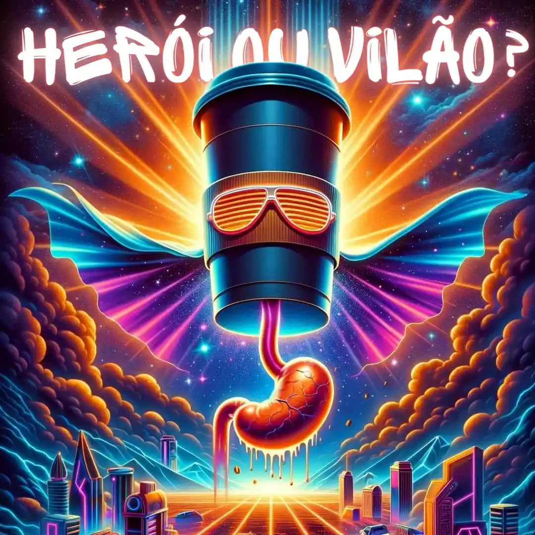 Ilustração retro de copo com filtro de café voando como herói com cidade neon ao fundo e 'Herói ou Vilão?