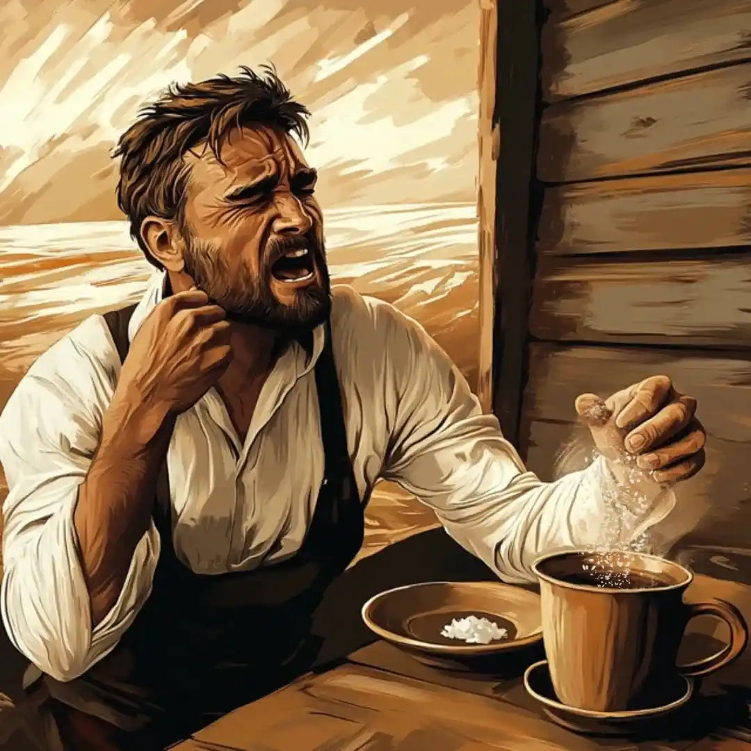 Homem surpreso ao adicionar sal em sua xícara de café, ilustrando o truque de reduzir o amargor e intensificar as notas de sabor.
