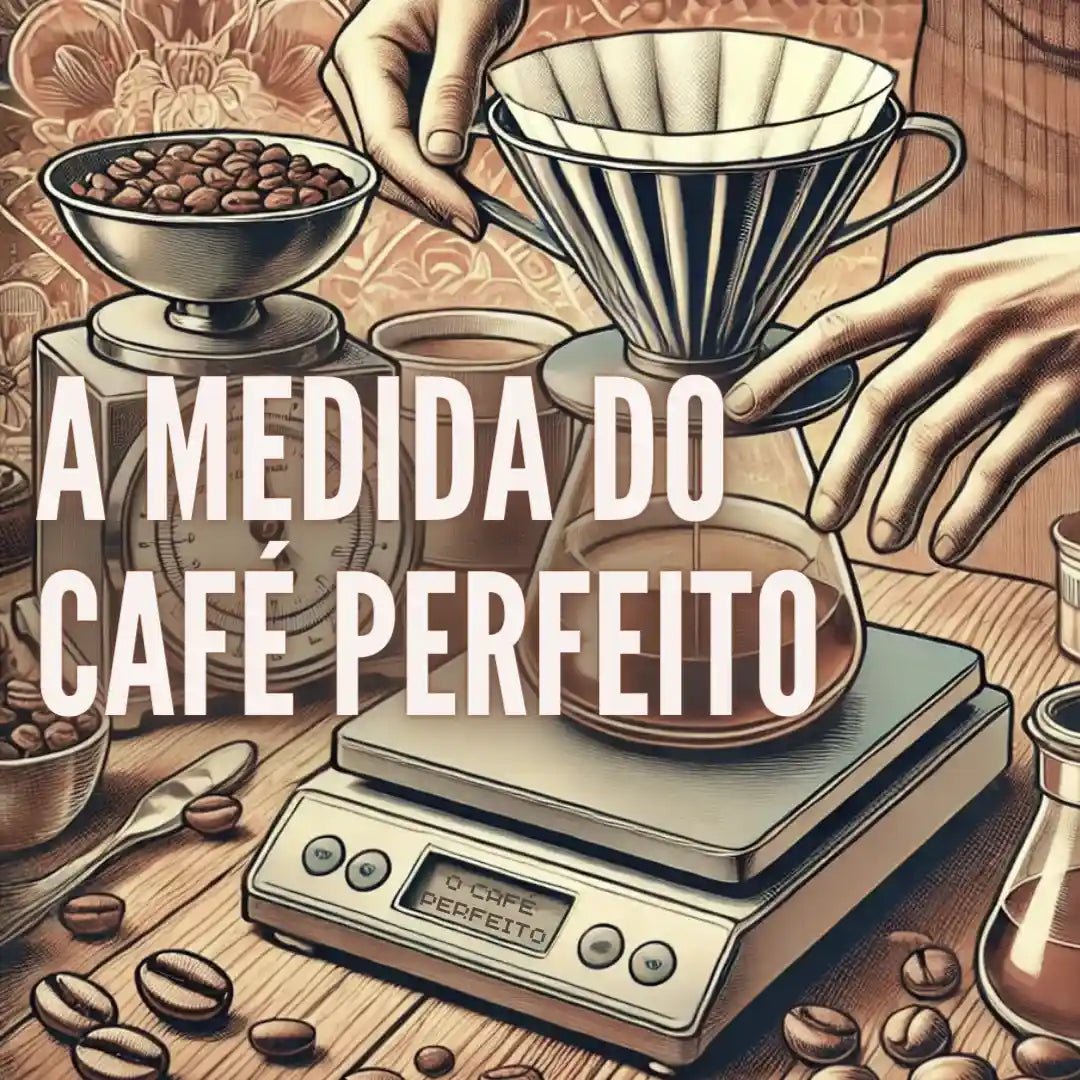 Ilustração de Filtro cônico de café sobre balança digital e texto A Medida do Café Perfeito