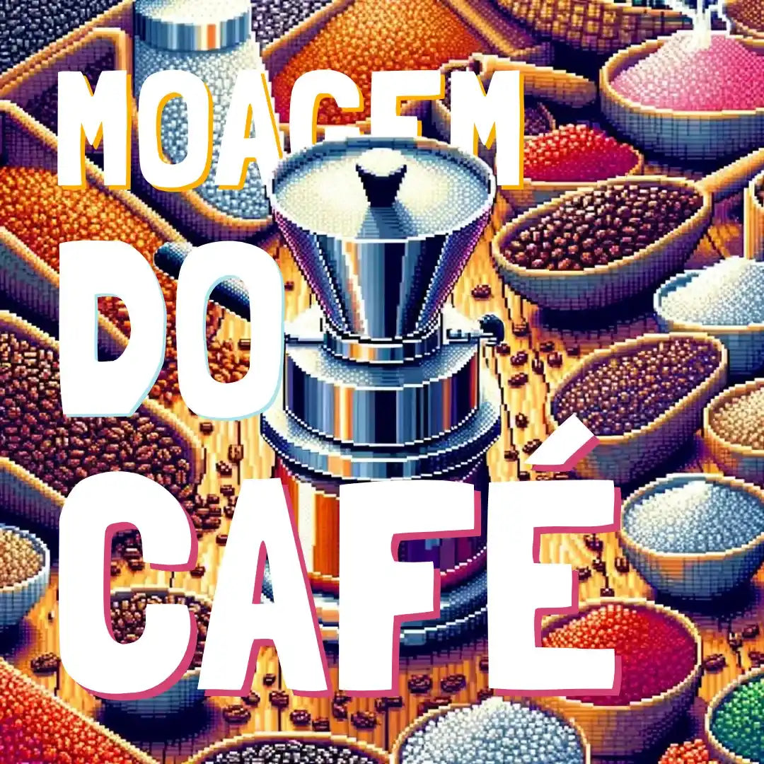 "Diferentes moagens de café exibidas em pixel art com o título 'Moagem do Café' em grande destaque.