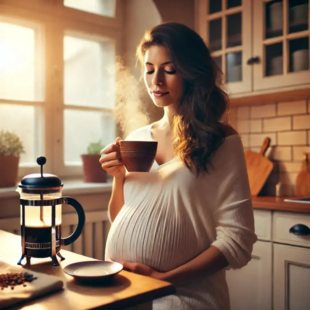 magem de uma mulher grávida apreciando uma xícara de café preparada na prensa francesa, representando o equilíbrio no consumo da bebida durante a gestação.