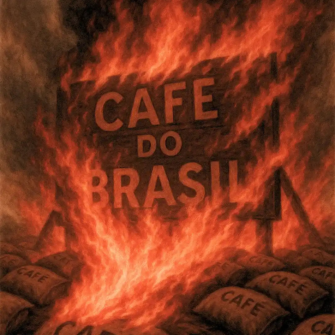 “Café do Brasil” em meio ao fogo, enquanto sacas são consumidas pelas chamas, marcando o dia histórico em que o país queimou seu maior tesouro.