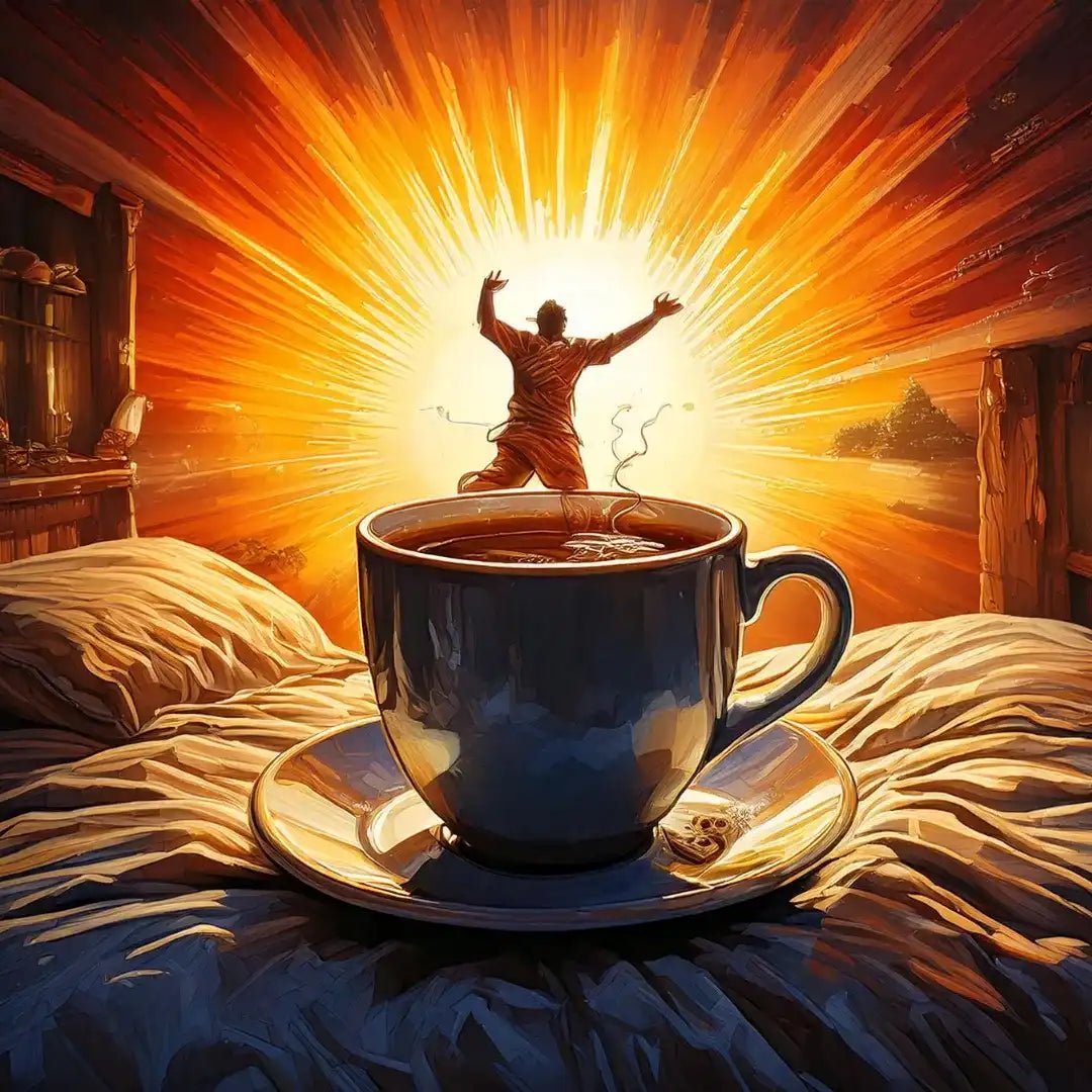 Xícara de café no amanhecer, destacando o papel do café e da cafeína como despertadores naturais.