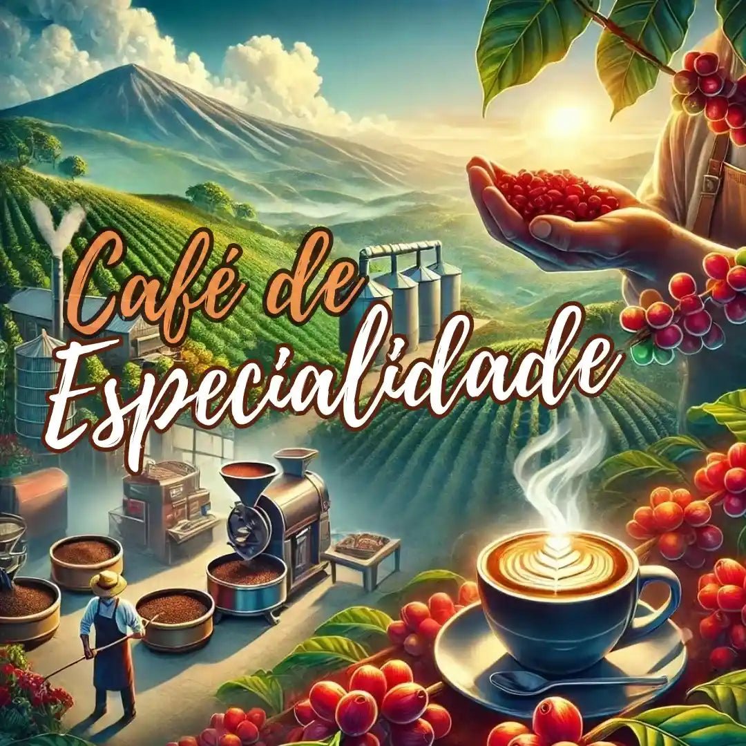 Colheita e processamento de café de especialidade com destaque para uma xícara fumegante e lavouras ao fundo, simbolizando cuidado e qualidade na produção.