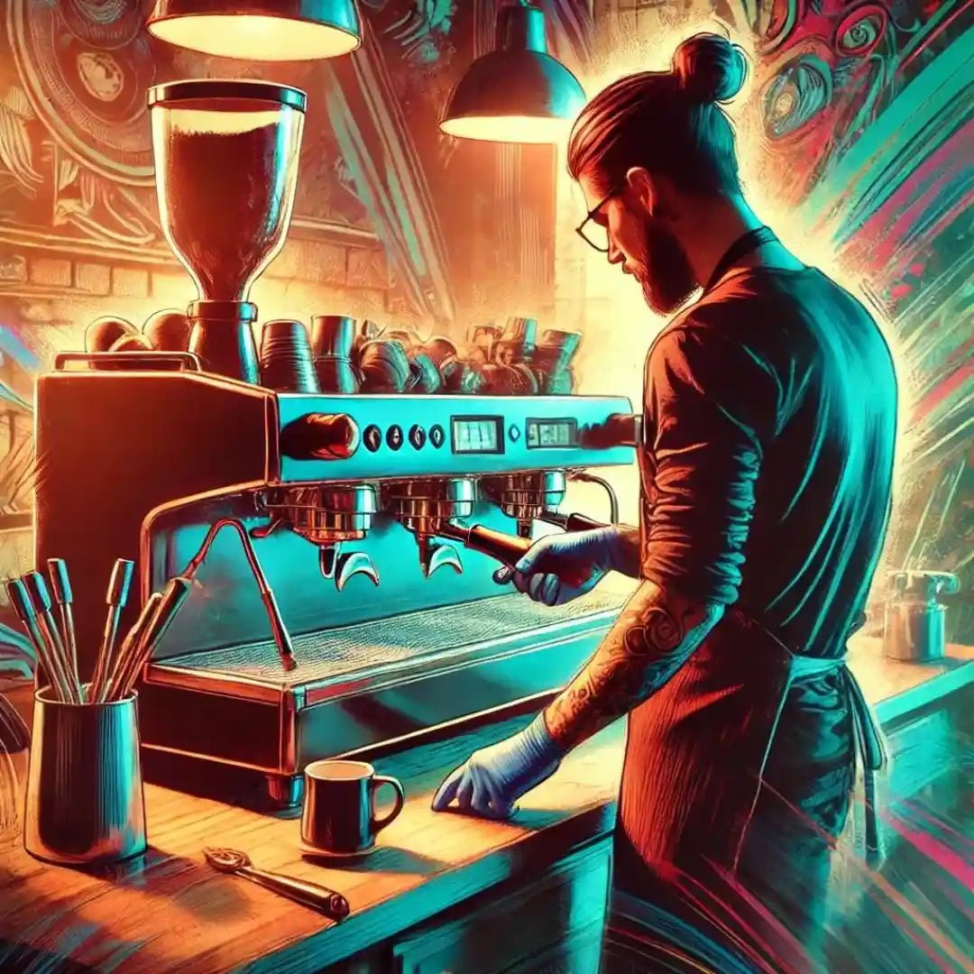 Barista preparando café espresso em uma cafeteria.