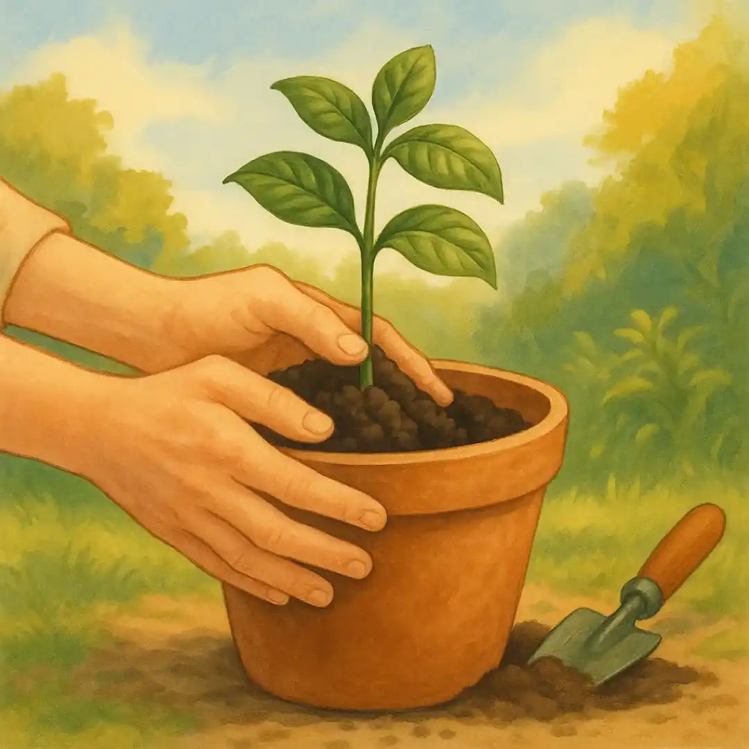  Pessoa segurando muda de café saudável plantada em vaso, pronta para ser transplantada, com cenário natural ao fundo