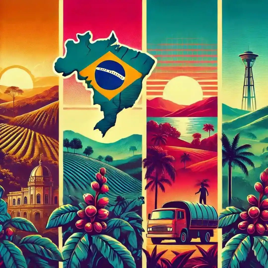 Mapa do Brasil com regiões produtoras de café destacadas, mostrando a importância do país na produção mundial de café de qualidade.