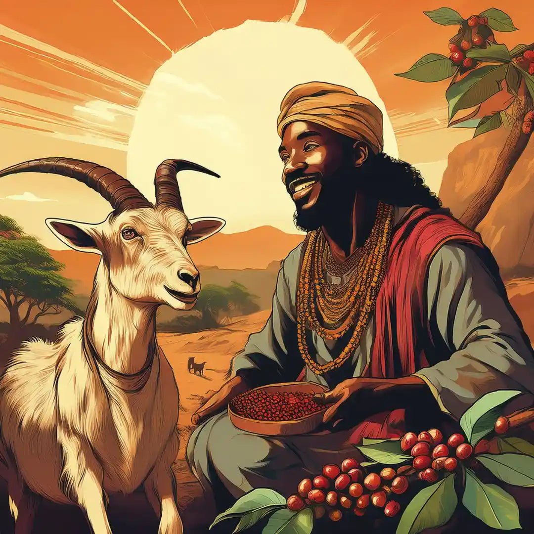 Kaldi, o pastor etíope, descobre os grãos de café ao observar suas cabras energizadas após comer as frutinhas vermelhas, dando início à lenda da origem do café na Etiópia