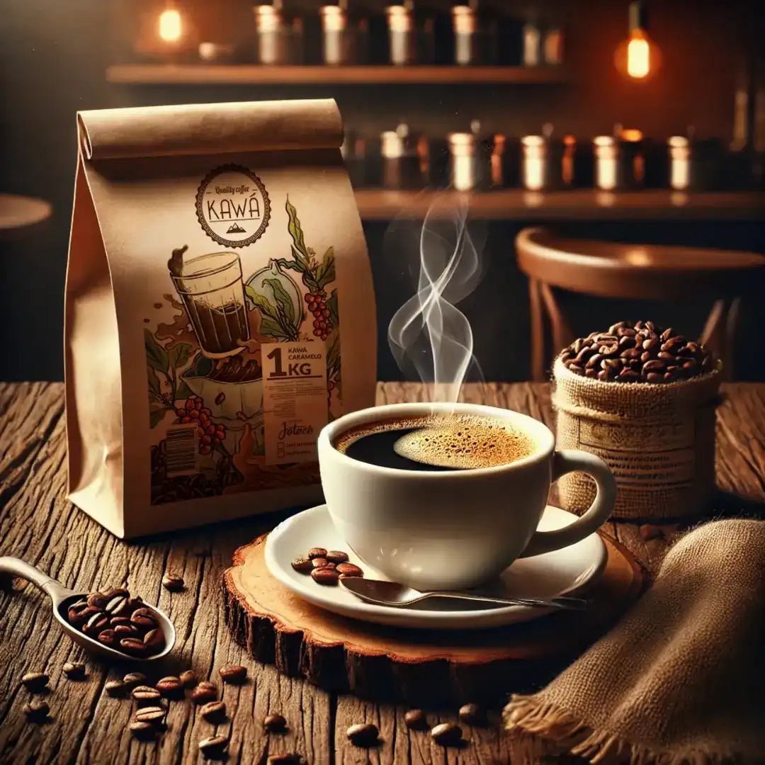 Pacote de café especial Kawá Caramelo ao lado de uma xícara de café quente na Fazenda Jotacê, destacando a experiência sensorial única do café especial.