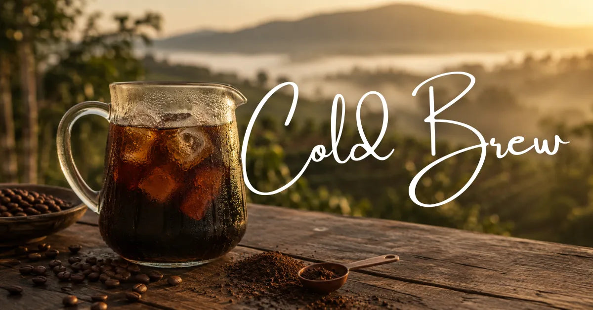 Cold brew sobre mesa de madeira rustica, ao lado de grãos de café e montanhas no horizonte