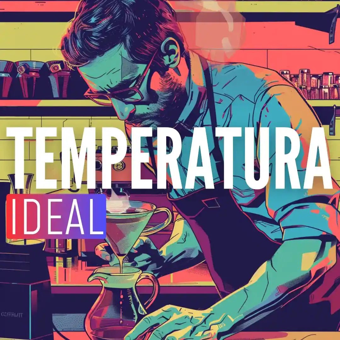 Barista preparando café em um filtro e texto: Temperatura ideal