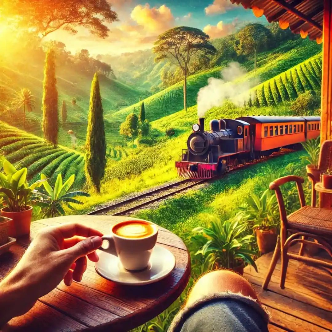 homem sentado tomando sua xícara de espresso enquanto vê um trem expresso passar