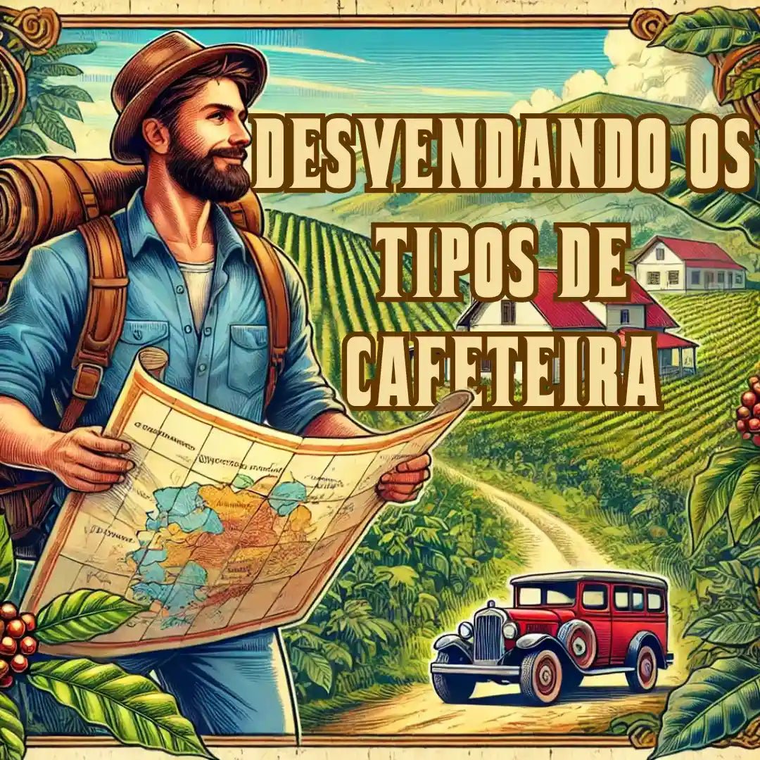 Explorador com mapa desvendando os diferentes tipos de cafeteira, na Fazenda Jotacê