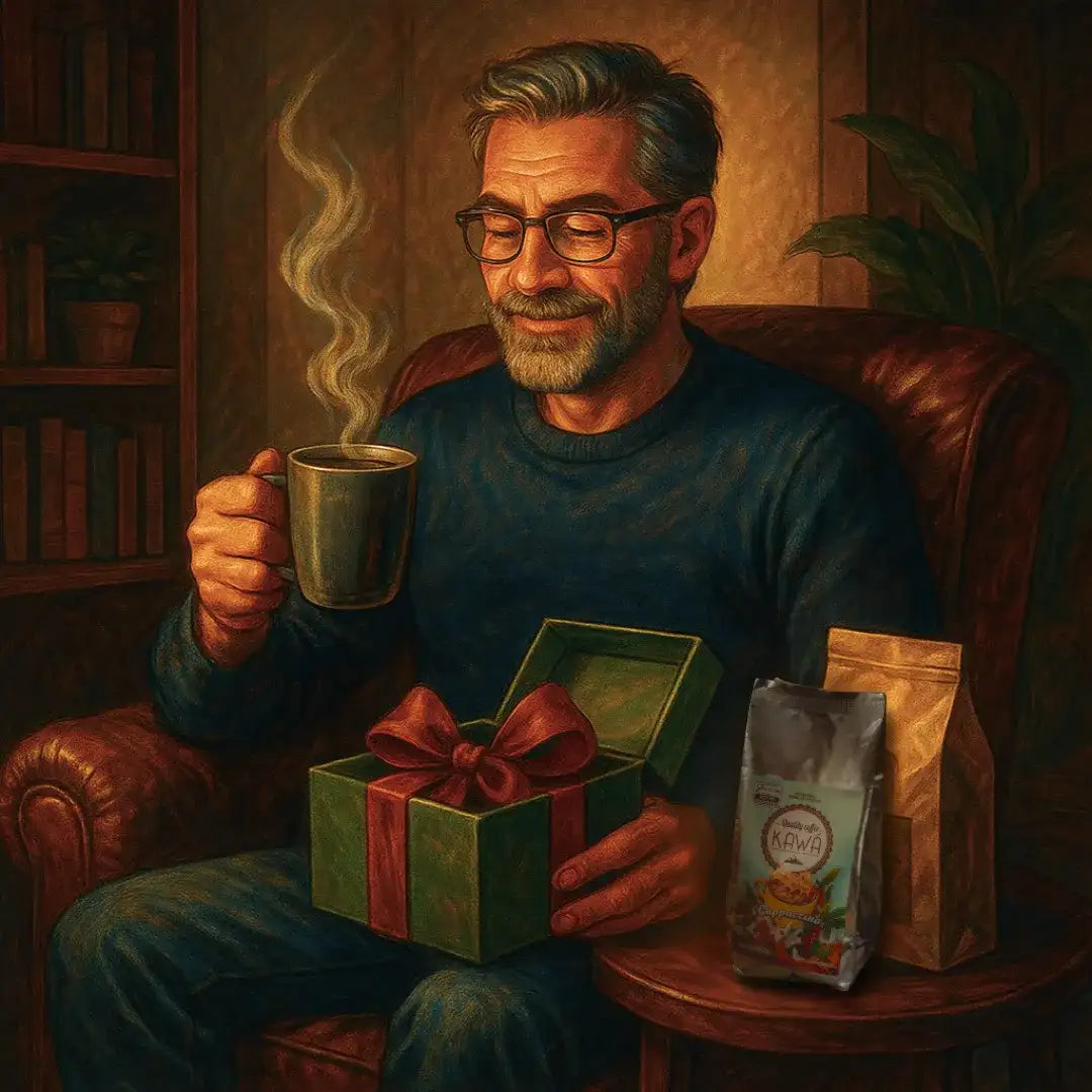 Homem saboreando café ao lado de caixa de presente aberta com pacote de Kawá Caramelo, ilustrando o prazer de receber cafés especiais de quem entende do assunto.
