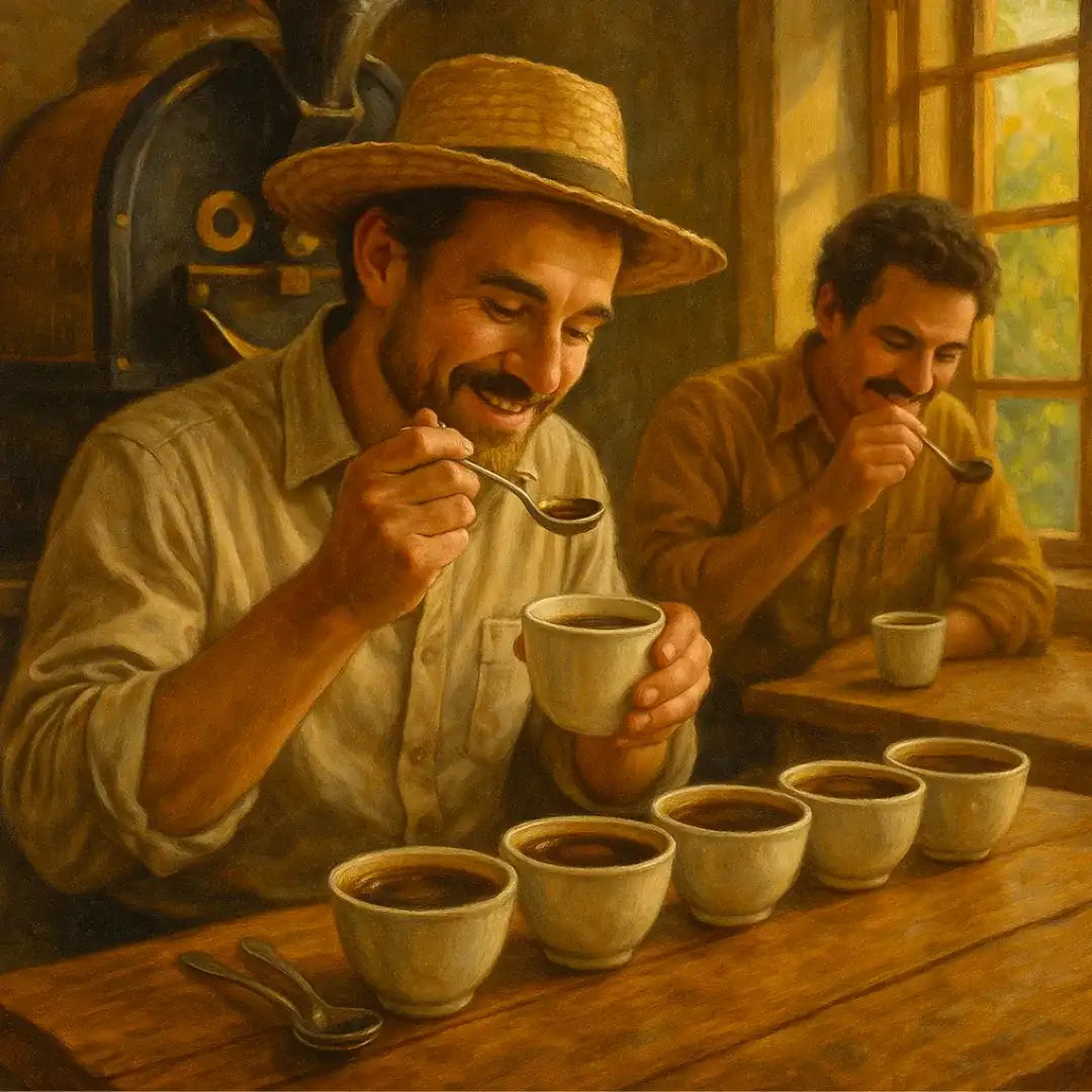 Dois especialistas em prova de café (cupping) analisando amostras em ambiente rústico, sorrindo e usando colheres para degustação. Cena que ilustra a análise criteriosa e prazerosa de cafés especiais.