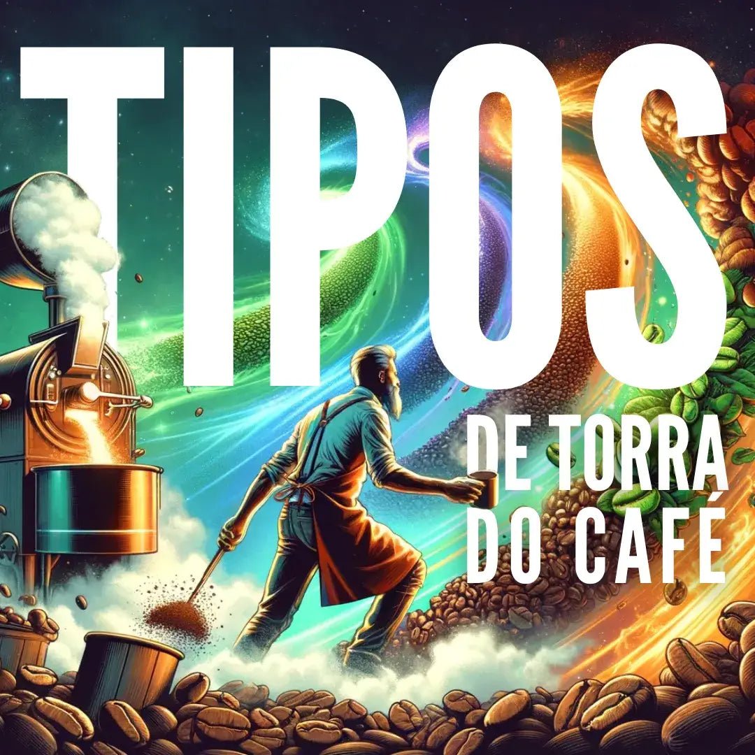Mestre de torra controlando os diferentes tipos de torra de café com um fundo cósmico e o texto: Tipos de Torra do Café