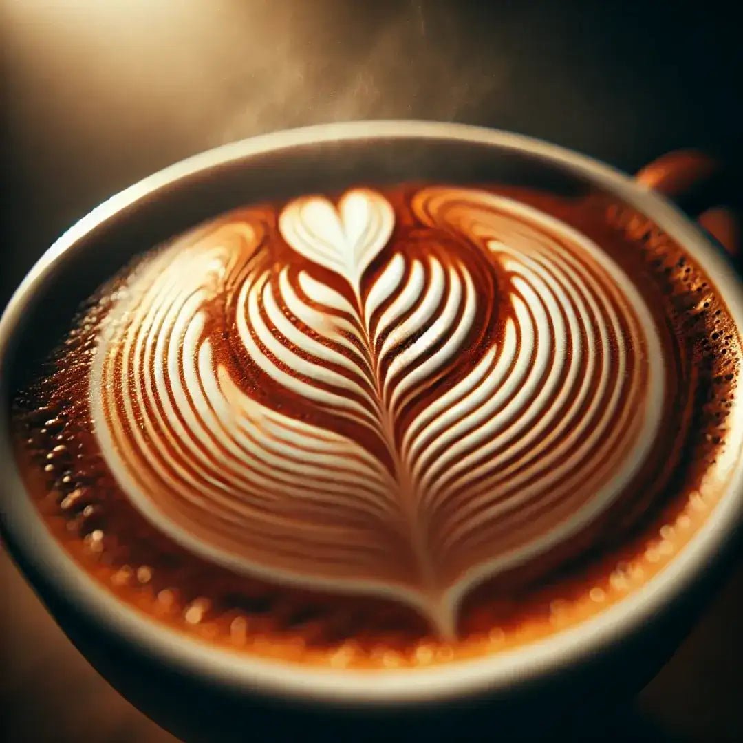 Fotografia de um café com latte art em formato de roseta, destacando a precisão dos traços brancos contrastando com a superfície cremosa da bebida. Uma experiência sensorial que une sabor e estética.
