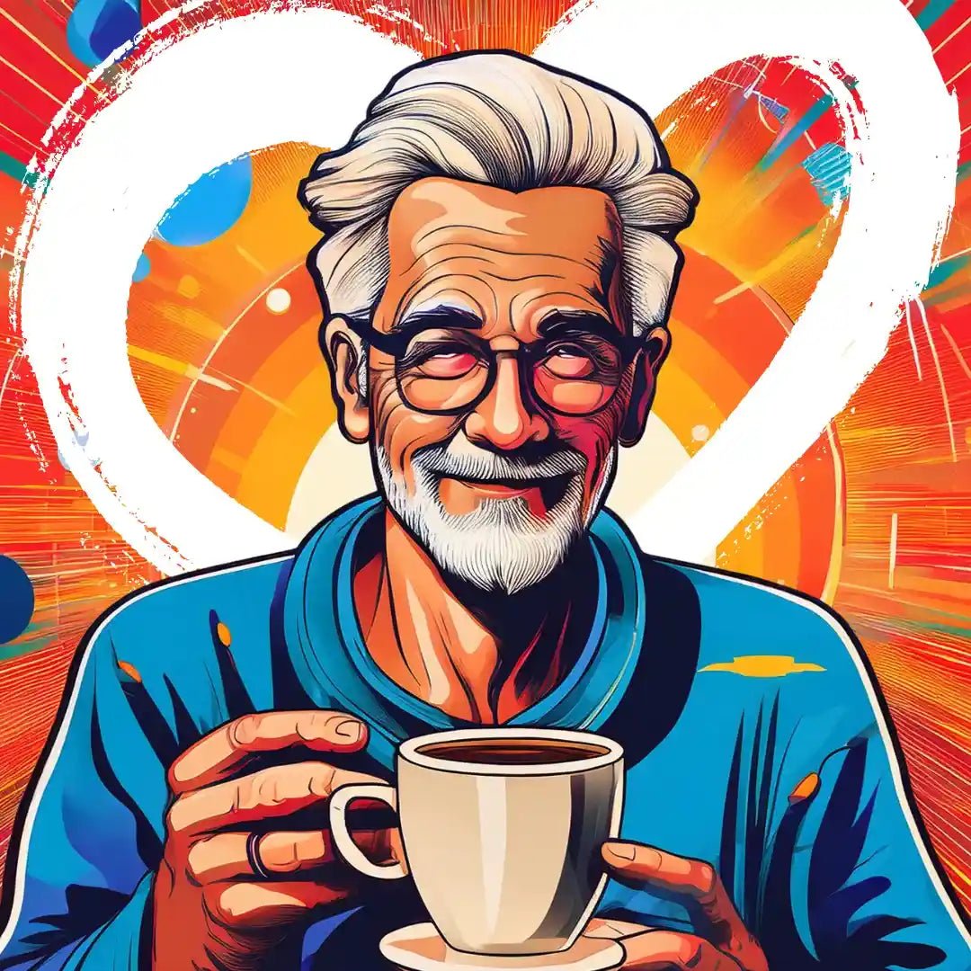 Idoso feliz segurando uma xícara de café, enfatizando o bem-estar proporcionado pelo consumo de café.