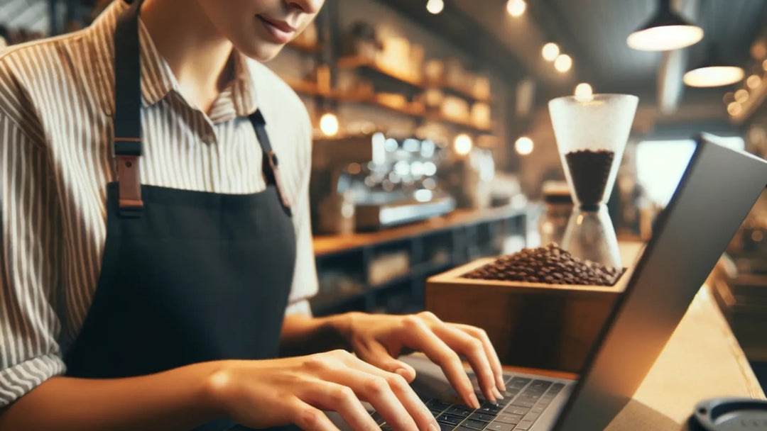 Barista com avental digitando em um notebook onde pode-se observar a cafeteria e o balcão ao fundo com os utensilios de preparo